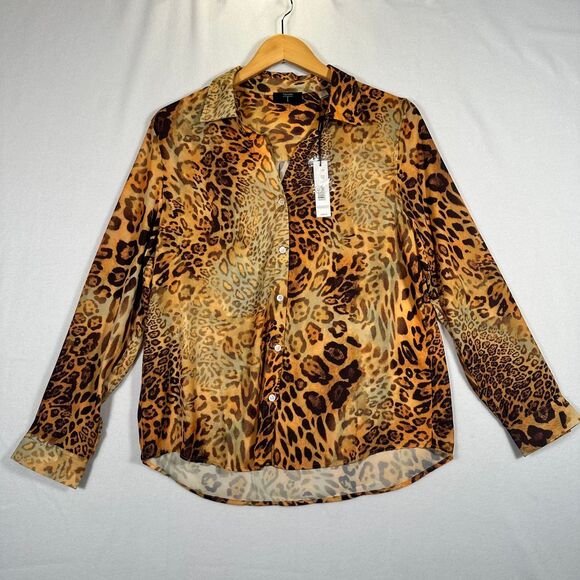 TAHARI Animal Print Dress Shirt Leopard Cheetah Print Womens L NWT - Picture 9 of 9